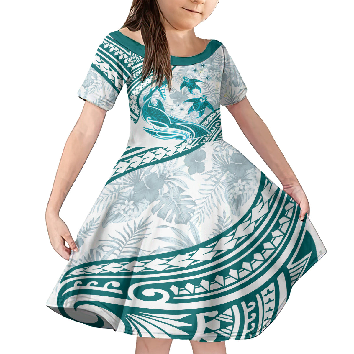 Cyan Polynesia Family Matching Off Shoulder Short Dress and Hawaiian Shirt Polynesian Turtle Shark Tattoo Tropical Vintage LT14 Daughter's Dress Cyan - Polynesian Pride