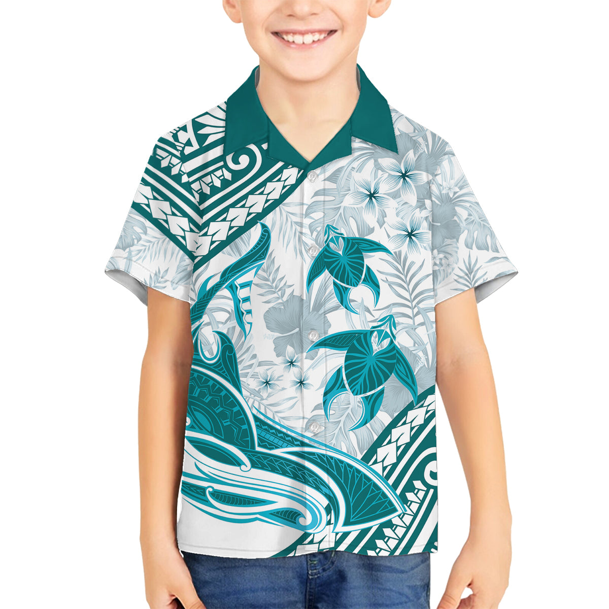 Cyan Polynesia Family Matching Off Shoulder Short Dress and Hawaiian Shirt Polynesian Turtle Shark Tattoo Tropical Vintage LT14 Son's Shirt Cyan - Polynesian Pride
