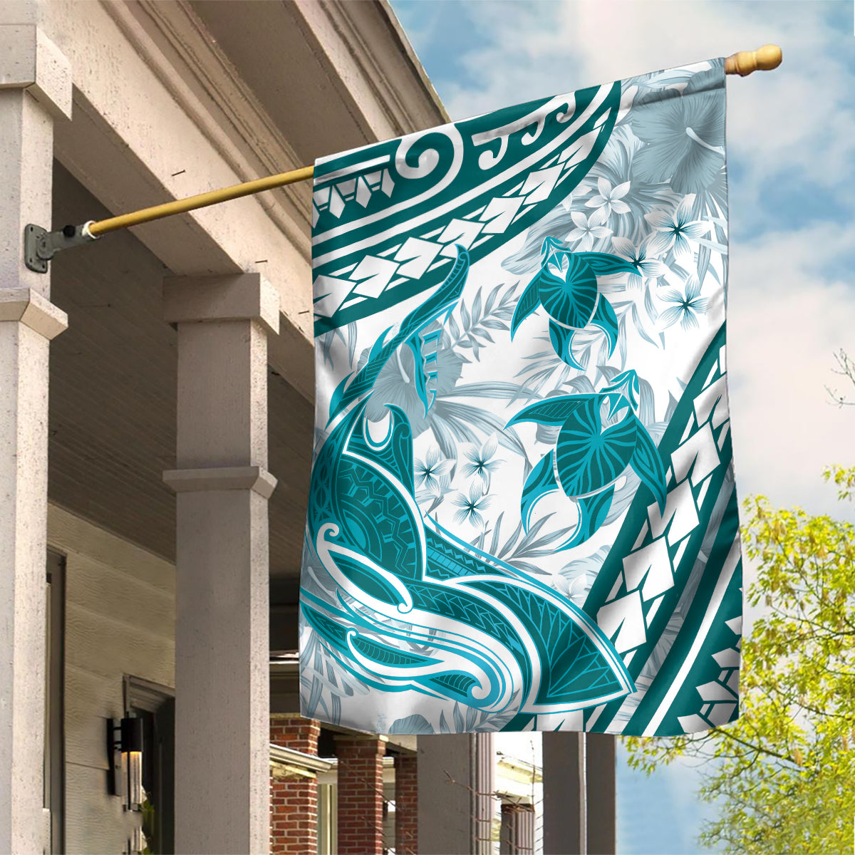 Cyan Polynesia Garden Flag Polynesian Turtle Shark Tattoo Tropical Vintage LT14 House Flag Cyan - Polynesian Pride