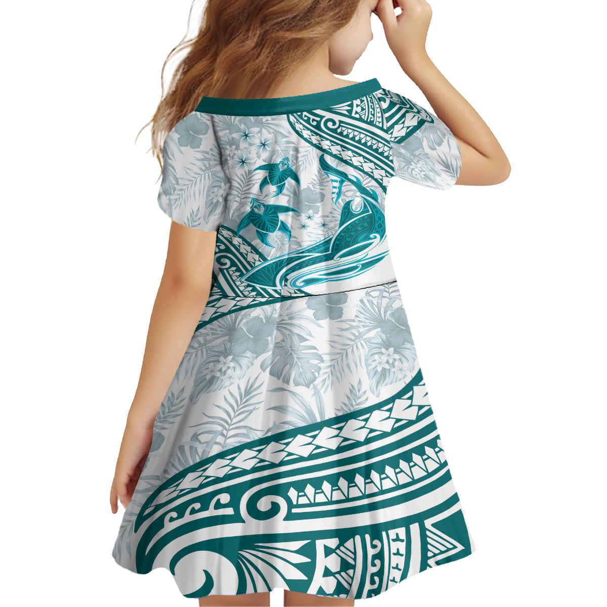 Cyan Polynesia Kid Short Sleeve Dress Polynesian Turtle Shark Tattoo Tropical Vintage LT14 - Polynesian Pride