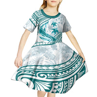 Cyan Polynesia Kid Short Sleeve Dress Polynesian Turtle Shark Tattoo Tropical Vintage LT14 - Polynesian Pride