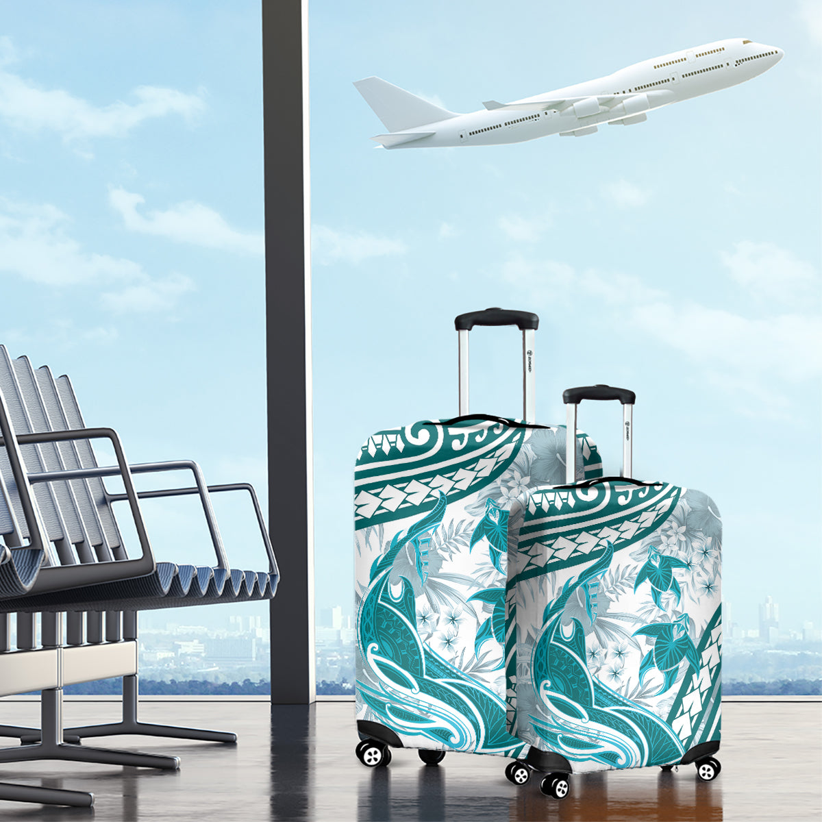 Cyan Polynesia Luggage Cover Polynesian Turtle Shark Tattoo Tropical Vintage LT14 - Polynesian Pride