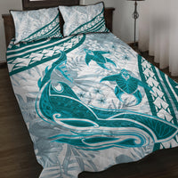 Cyan Polynesia Quilt Bed Set Polynesian Turtle Shark Tattoo Tropical Vintage