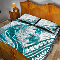 Cyan Polynesia Quilt Bed Set Polynesian Turtle Shark Tattoo Tropical Vintage