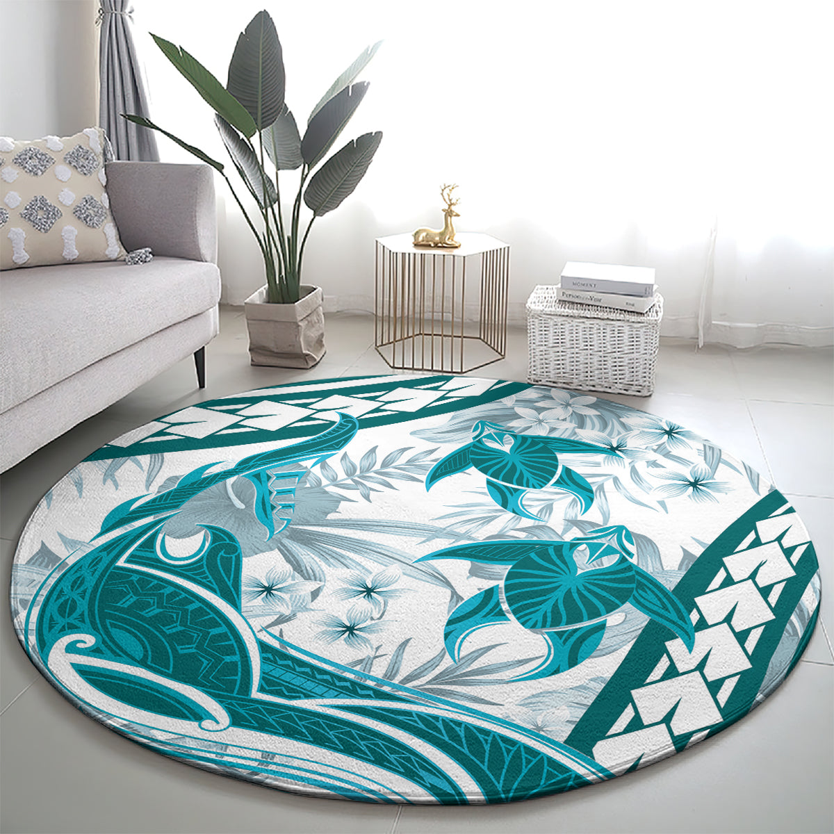 Cyan Polynesia Round Carpet Polynesian Turtle Shark Tattoo Tropical Vintage LT14 - Polynesian Pride