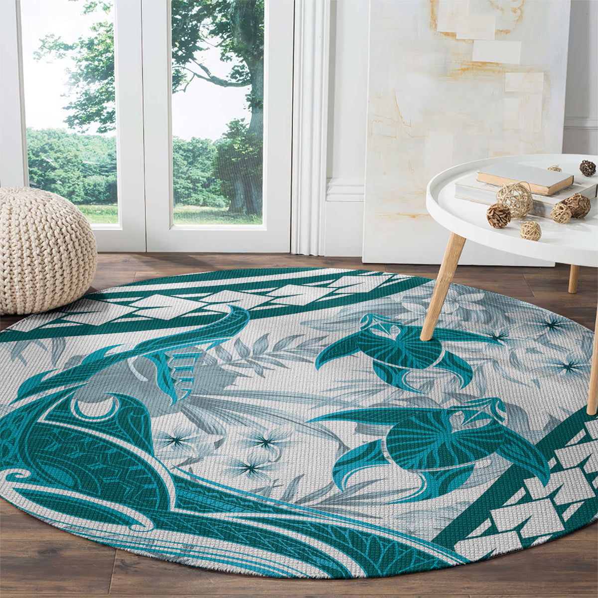 Cyan Polynesia Round Carpet Polynesian Turtle Shark Tattoo Tropical Vintage LT14 - Polynesian Pride