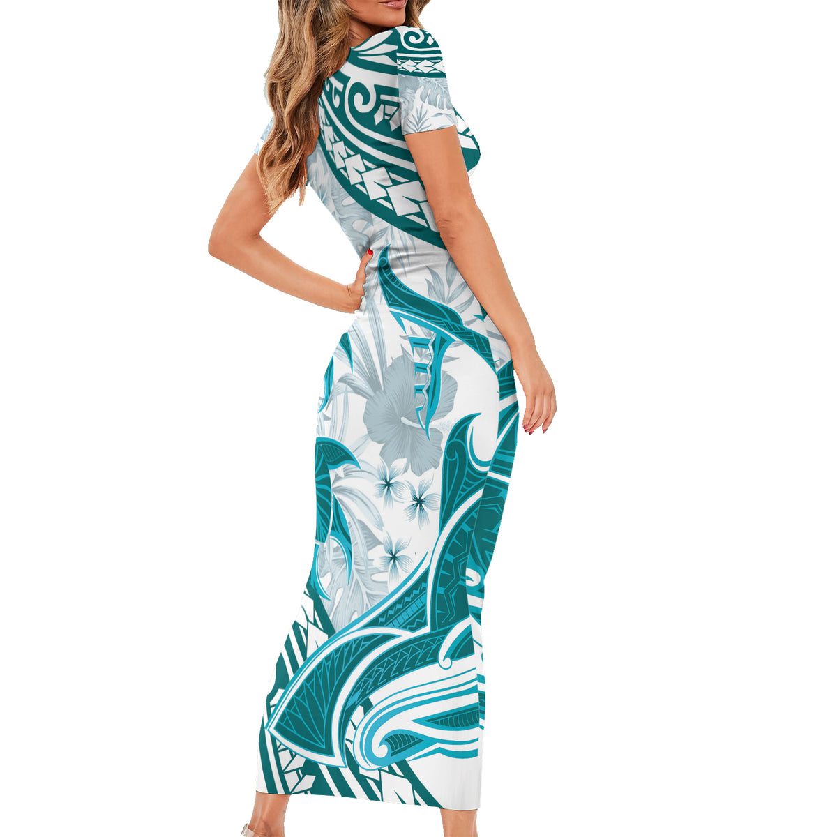 Cyan Polynesia Short Sleeve Bodycon Dress Polynesian Turtle Shark Tattoo Tropical Vintage LT14 - Polynesian Pride