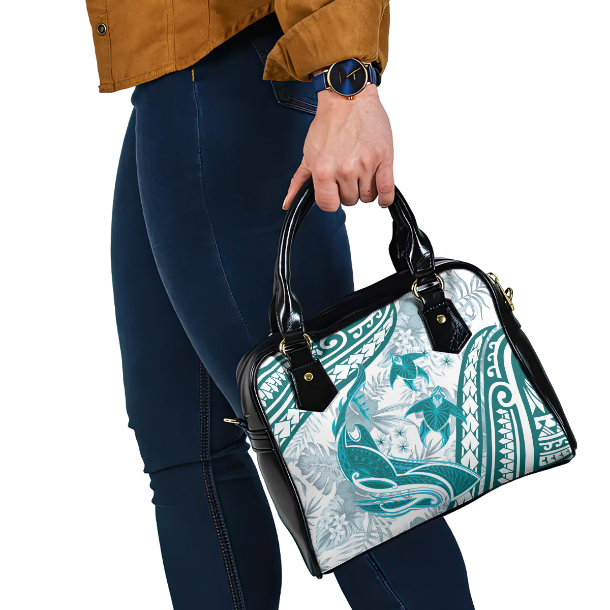 Cyan Polynesia Shoulder Handbag Polynesian Turtle Shark Tattoo Tropical Vintage