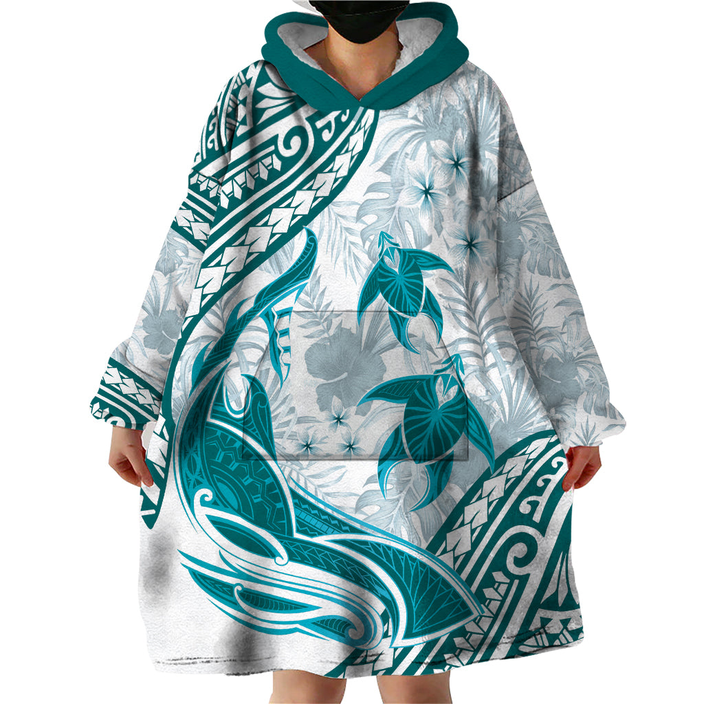 Cyan Polynesia Wearable Blanket Hoodie Polynesian Turtle Shark Tattoo Tropical Vintage LT14 - Polynesian Pride