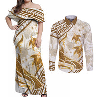 Gold Polynesia Couples Matching Off Shoulder Maxi Dress and Long Sleeve Button Shirt Polynesian Turtle Shark Tattoo Tropical Vintage LT14 Gold - Polynesian Pride