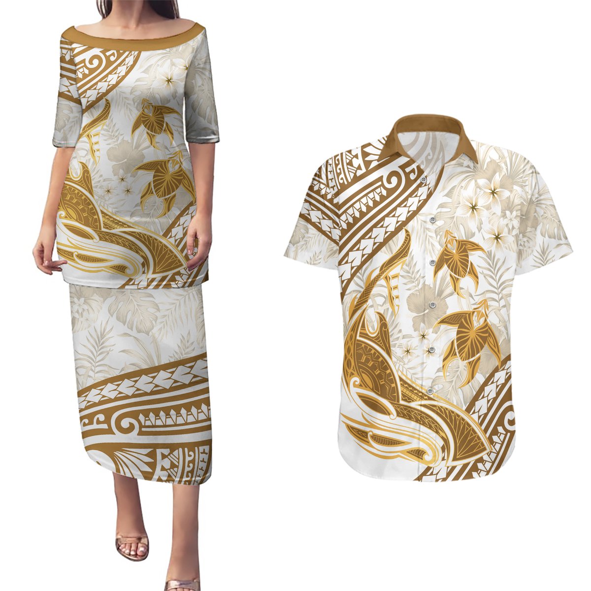 Gold Polynesia Couples Matching Puletasi and Hawaiian Shirt Polynesian Turtle Shark Tattoo Tropical Vintage LT14 Gold - Polynesian Pride