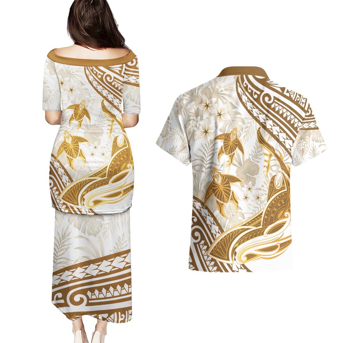 Gold Polynesia Couples Matching Puletasi and Hawaiian Shirt Polynesian Turtle Shark Tattoo Tropical Vintage LT14 - Polynesian Pride