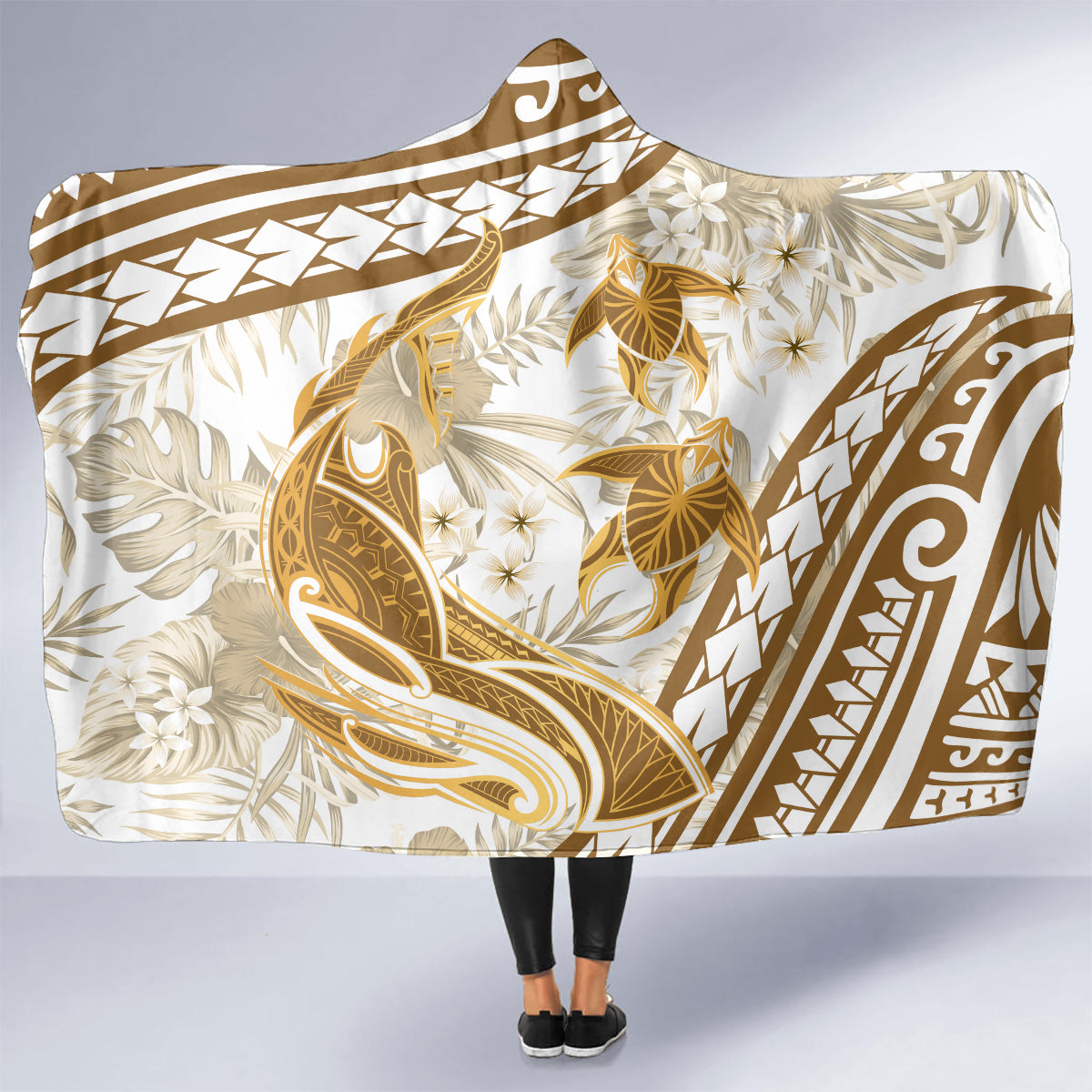 Gold Polynesia Hooded Blanket Polynesian Turtle Shark Tattoo Tropical Vintage LT14 - Polynesian Pride