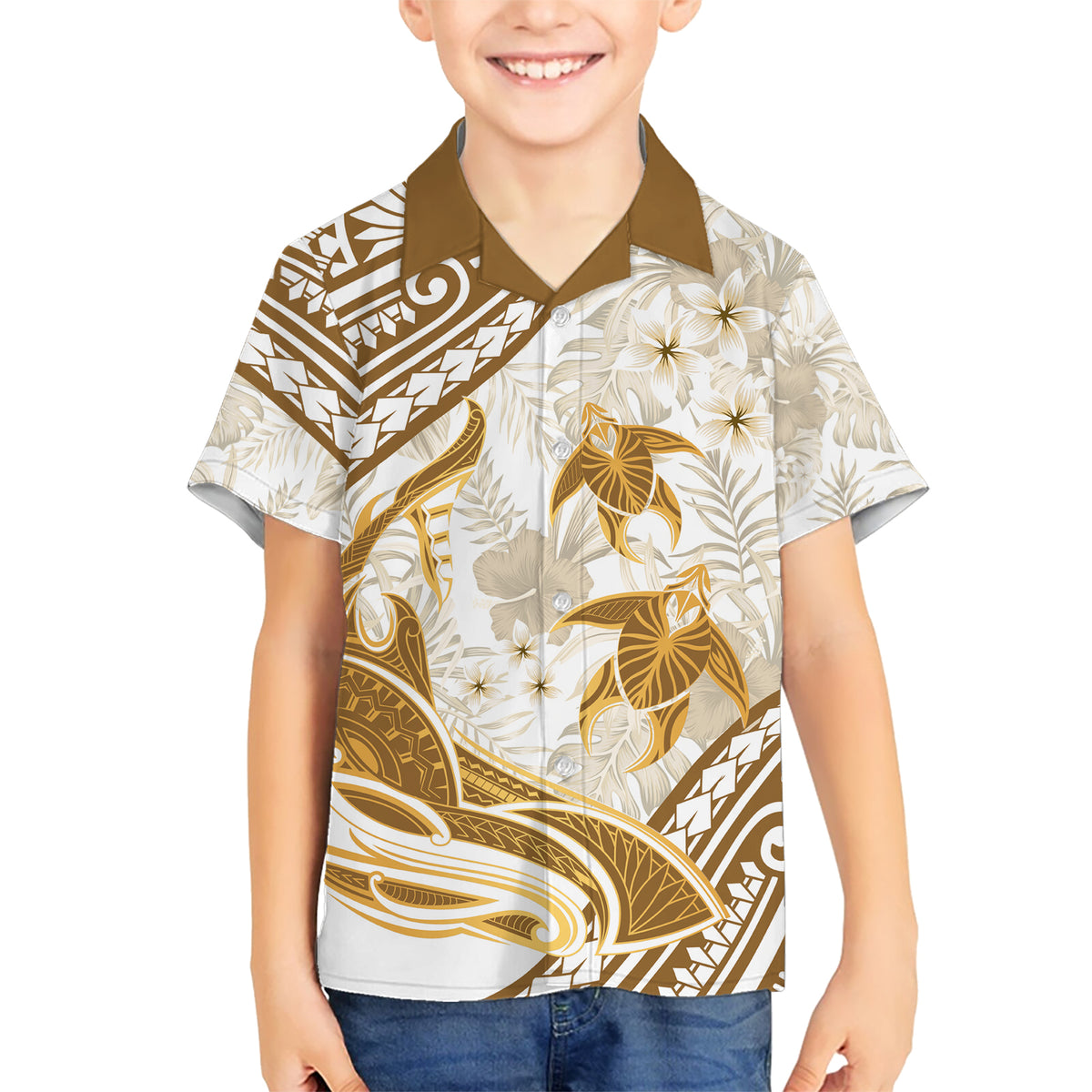 Gold Polynesia Kid Hawaiian Shirt Polynesian Turtle Shark Tattoo Tropical Vintage LT14 Kid Gold - Polynesian Pride