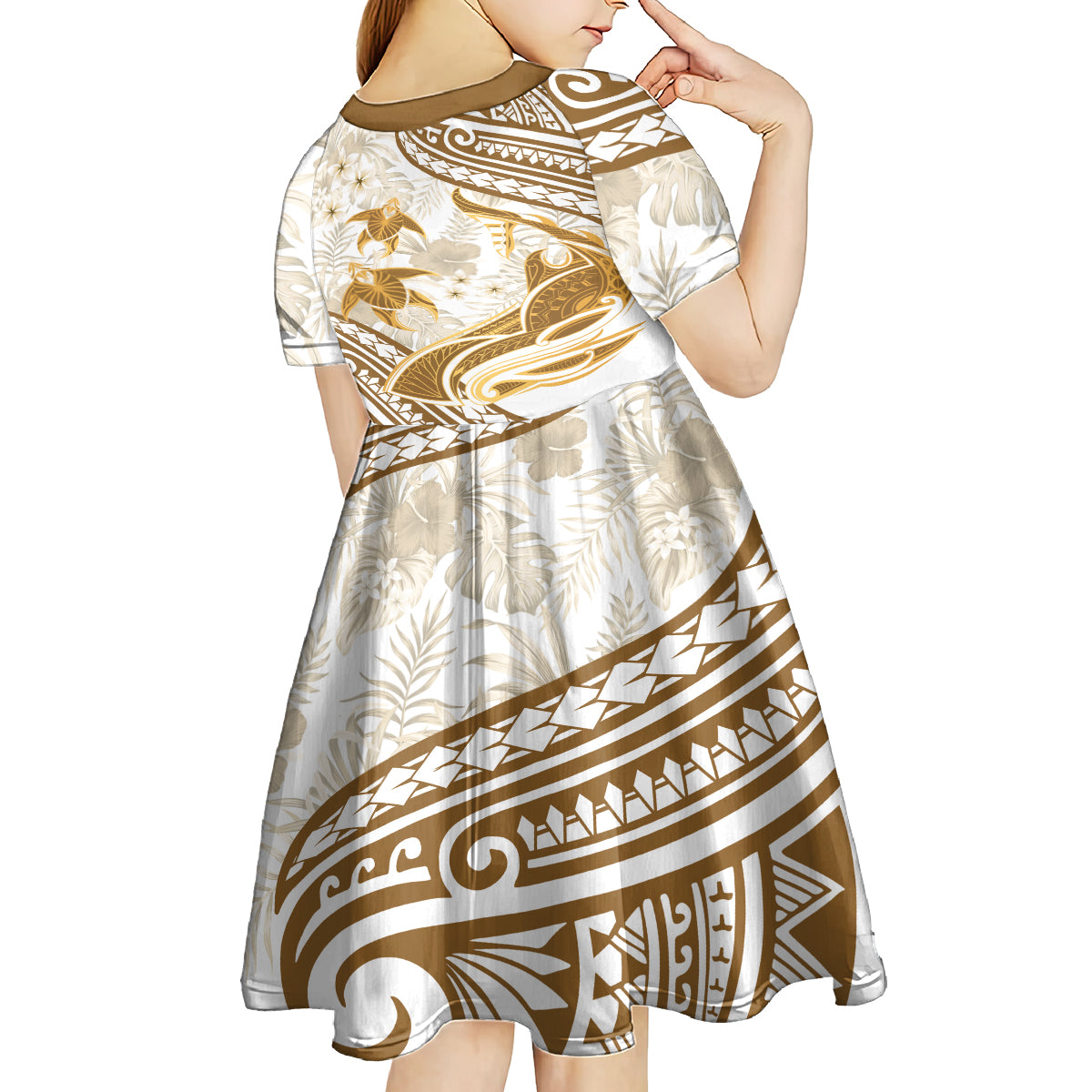 Gold Polynesia Kid Short Sleeve Dress Polynesian Turtle Shark Tattoo Tropical Vintage LT14 - Polynesian Pride