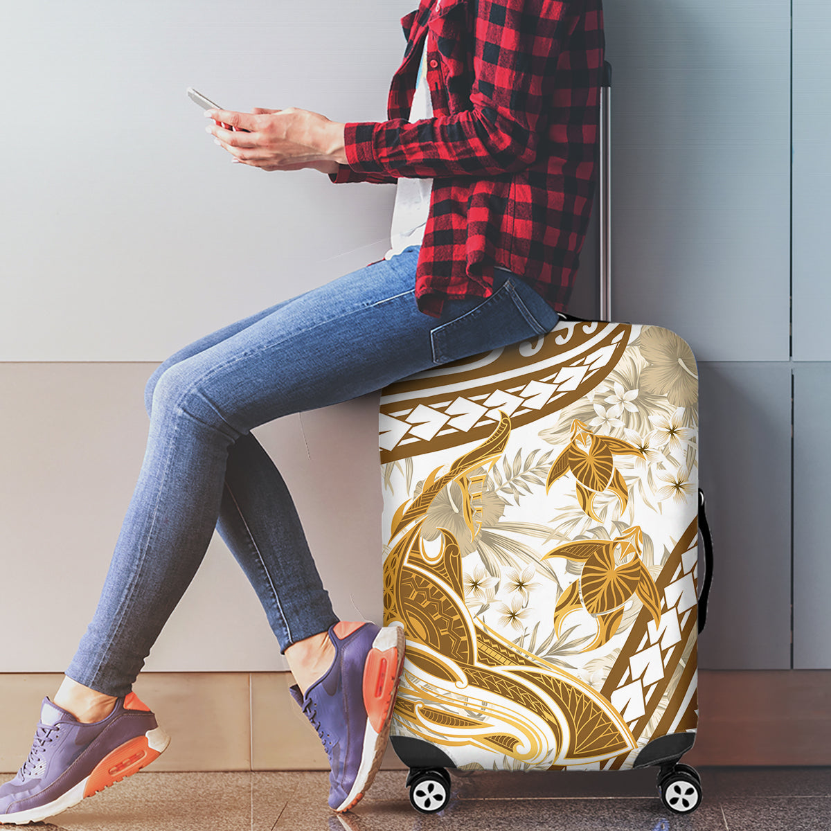 Gold Polynesia Luggage Cover Polynesian Turtle Shark Tattoo Tropical Vintage LT14 - Polynesian Pride