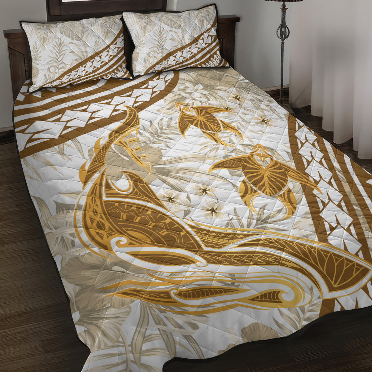 Gold Polynesia Quilt Bed Set Polynesian Turtle Shark Tattoo Tropical Vintage