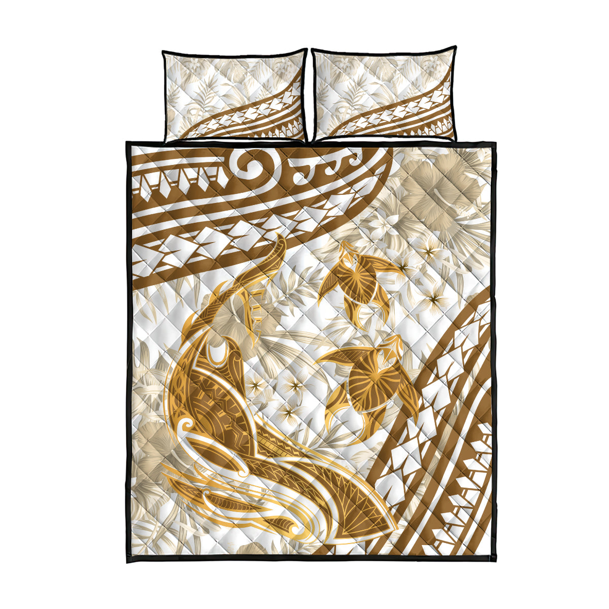 Gold Polynesia Quilt Bed Set Polynesian Turtle Shark Tattoo Tropical Vintage