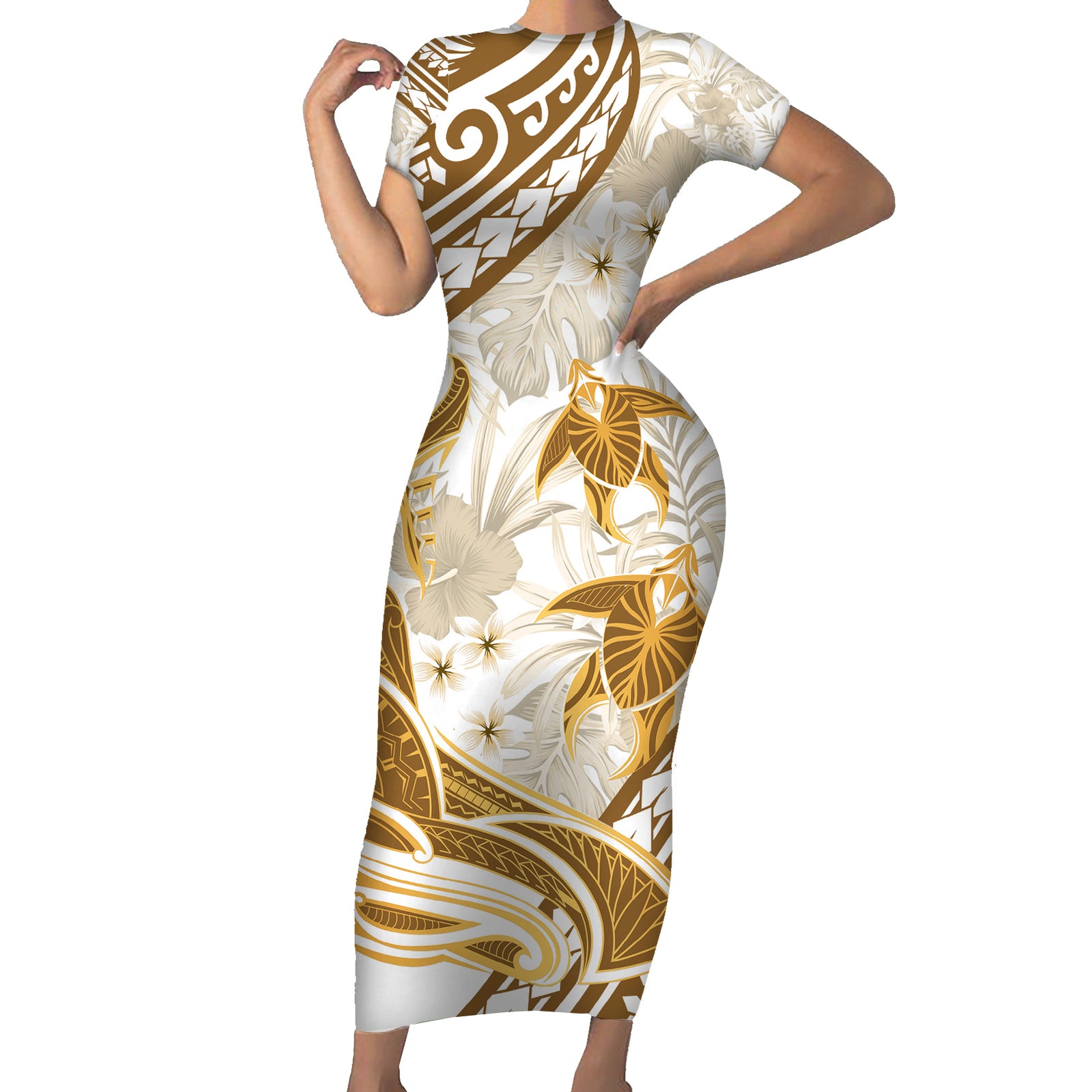 Gold Polynesia Short Sleeve Bodycon Dress Polynesian Turtle Shark Tattoo Tropical Vintage LT14 Long Dress Gold - Polynesian Pride