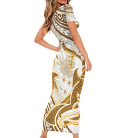 Gold Polynesia Short Sleeve Bodycon Dress Polynesian Turtle Shark Tattoo Tropical Vintage LT14 - Polynesian Pride