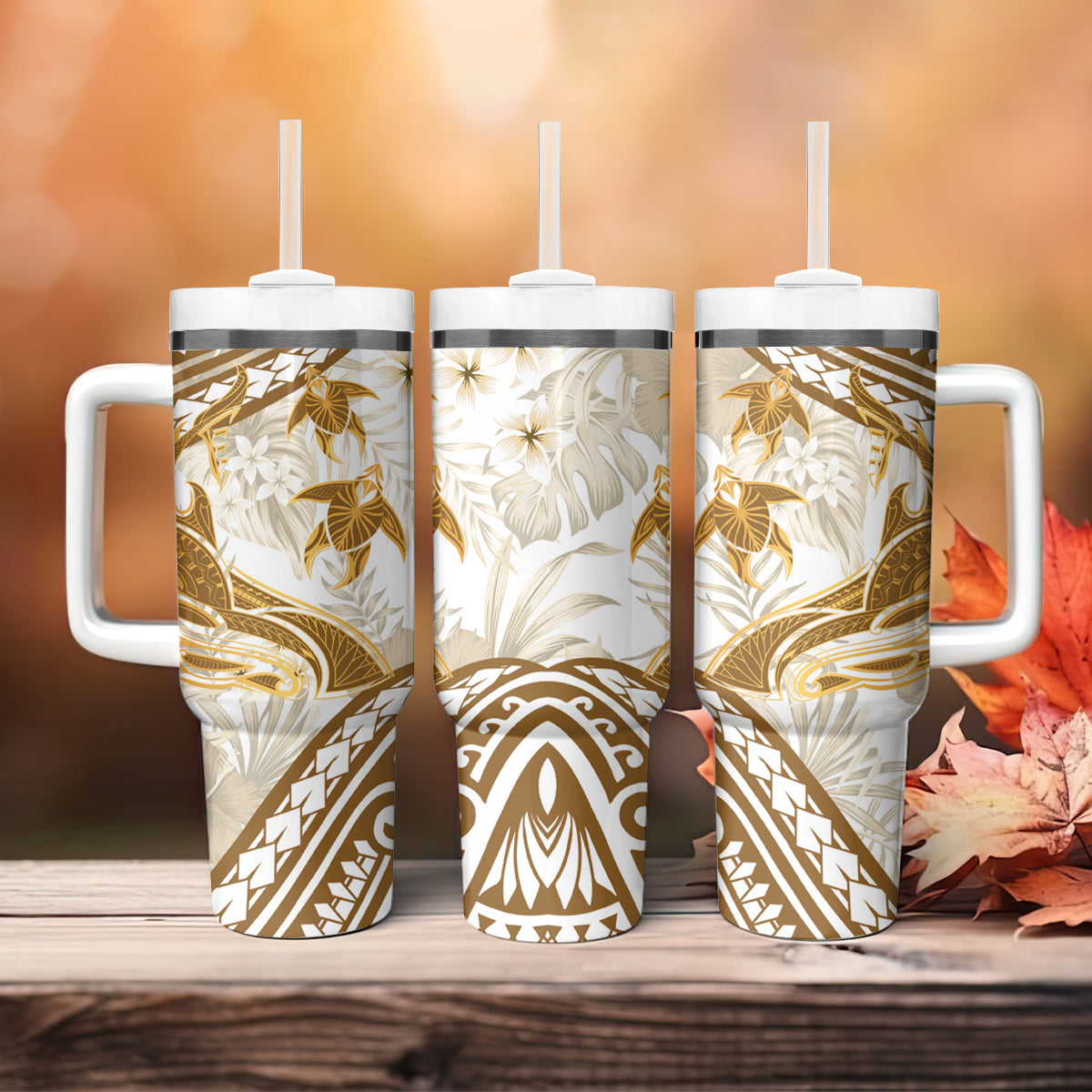 Gold Polynesia Tumbler With Handle Polynesian Turtle Shark Tattoo Tropical Vintage