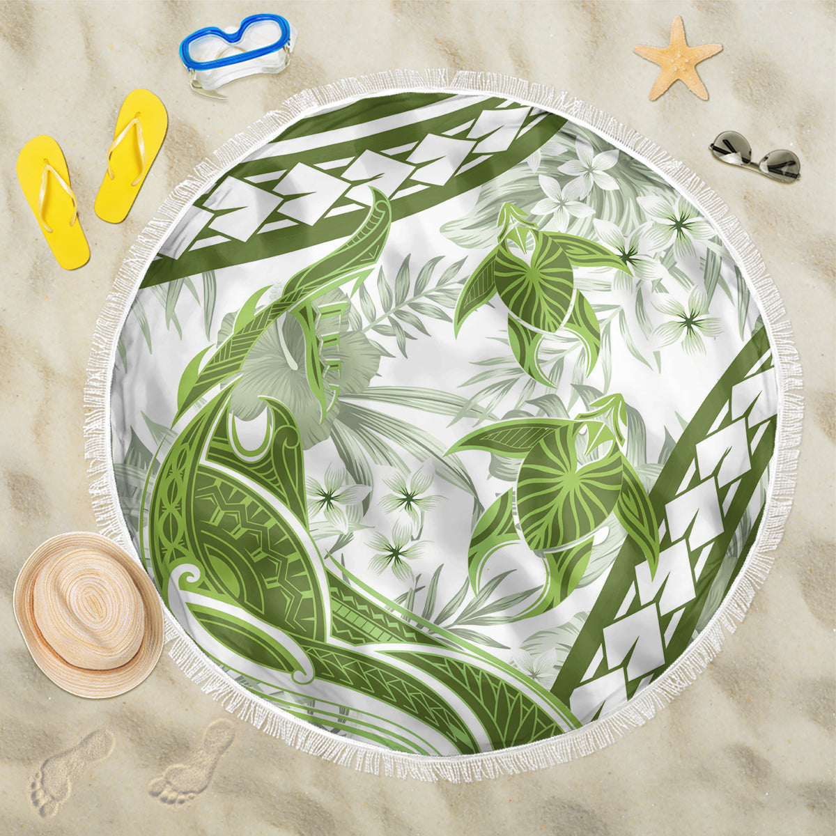 Lime Green Polynesia Beach Blanket Polynesian Turtle Shark Tattoo Tropical Vintage