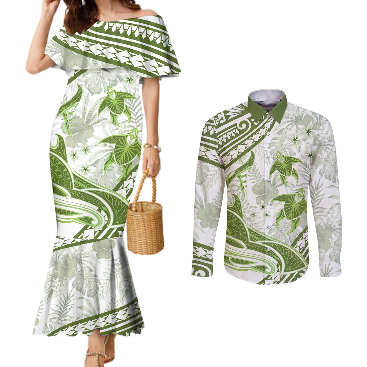 Lime Green Polynesia Couples Matching Mermaid Dress and Long Sleeve Button Shirt Polynesian Turtle Shark Tattoo Tropical Vintage LT14 Lime Green - Polynesian Pride