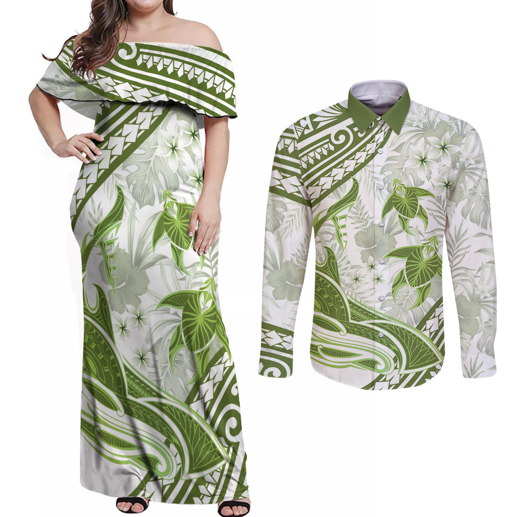 Lime Green Polynesia Couples Matching Off Shoulder Maxi Dress and Long Sleeve Button Shirt Polynesian Turtle Shark Tattoo Tropical Vintage LT14 Lime Green - Polynesian Pride