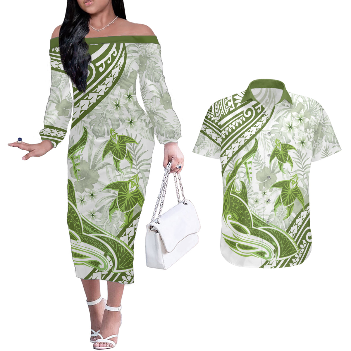 Lime Green Polynesia Couples Matching Off The Shoulder Long Sleeve Dress and Hawaiian Shirt Polynesian Turtle Shark Tattoo Tropical Vintage LT14 Lime Green - Polynesian Pride