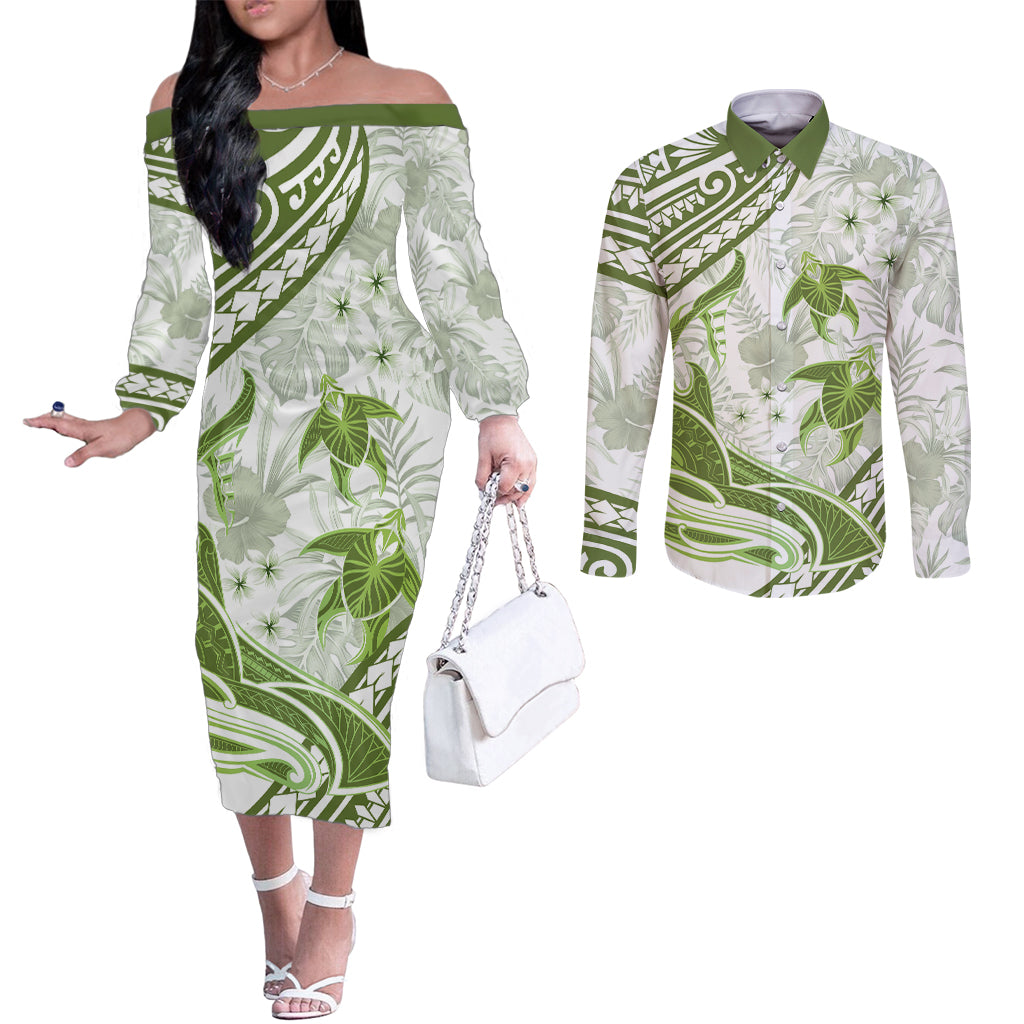 Lime Green Polynesia Couples Matching Off The Shoulder Long Sleeve Dress and Long Sleeve Button Shirt Polynesian Turtle Shark Tattoo Tropical Vintage LT14 Lime Green - Polynesian Pride