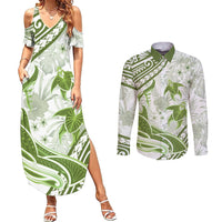 Lime Green Polynesia Couples Matching Summer Maxi Dress and Long Sleeve Button Shirt Polynesian Turtle Shark Tattoo Tropical Vintage LT14 Lime Green - Polynesian Pride