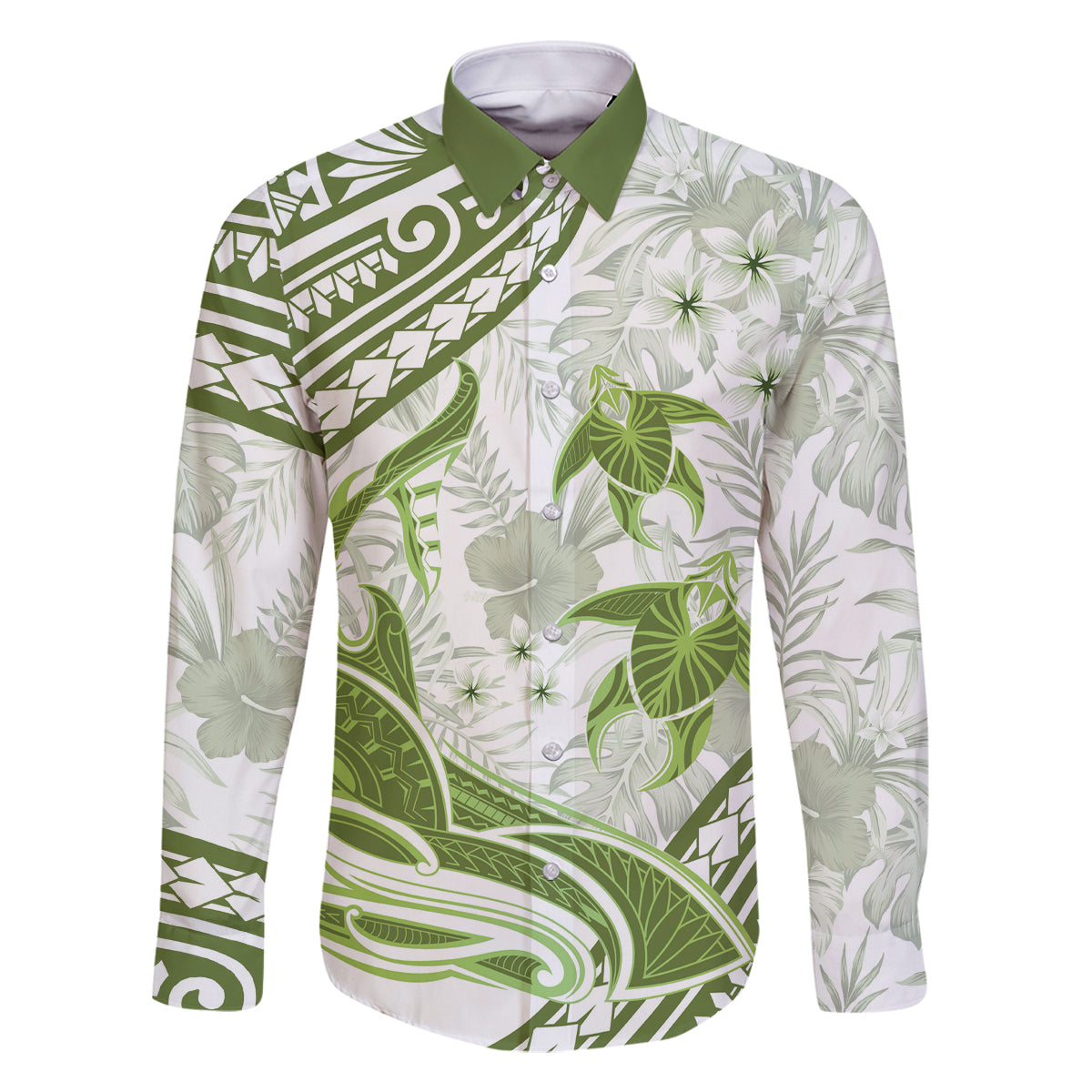 Lime Green Polynesia Family Matching Off Shoulder Long Sleeve Dress and Hawaiian Shirt Polynesian Turtle Shark Tattoo Tropical Vintage LT14 Dad's Shirt - Long Sleeve Lime Green - Polynesian Pride