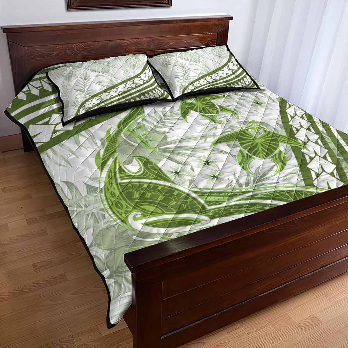 Lime Green Polynesia Quilt Bed Set Polynesian Turtle Shark Tattoo Tropical Vintage