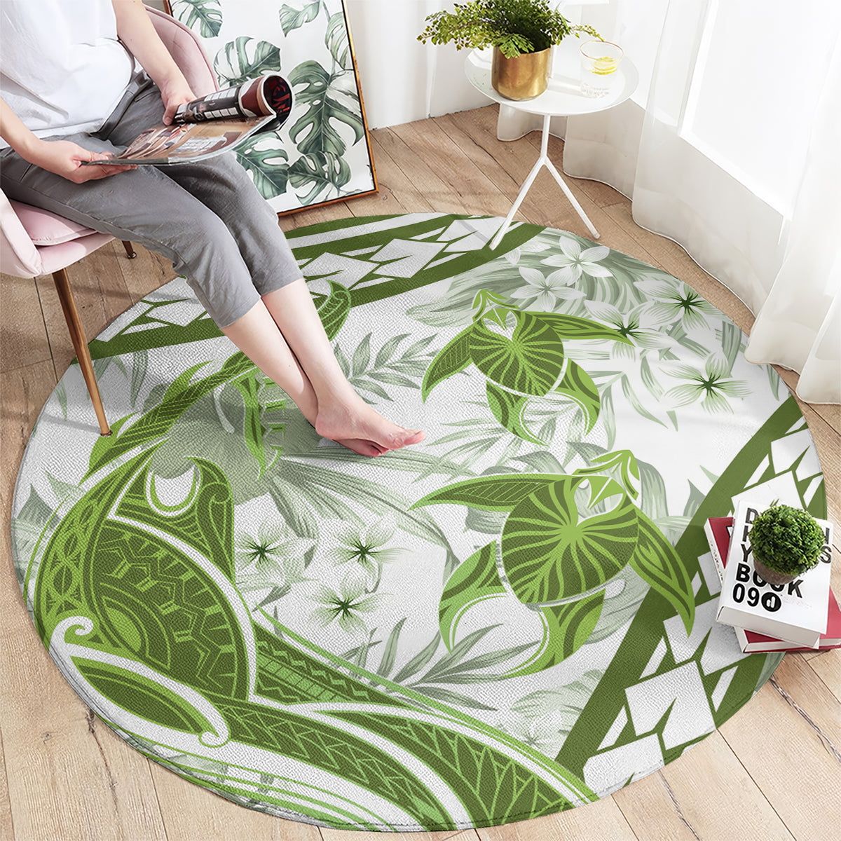 Lime Green Polynesia Round Carpet Polynesian Turtle Shark Tattoo Tropical Vintage LT14 - Polynesian Pride