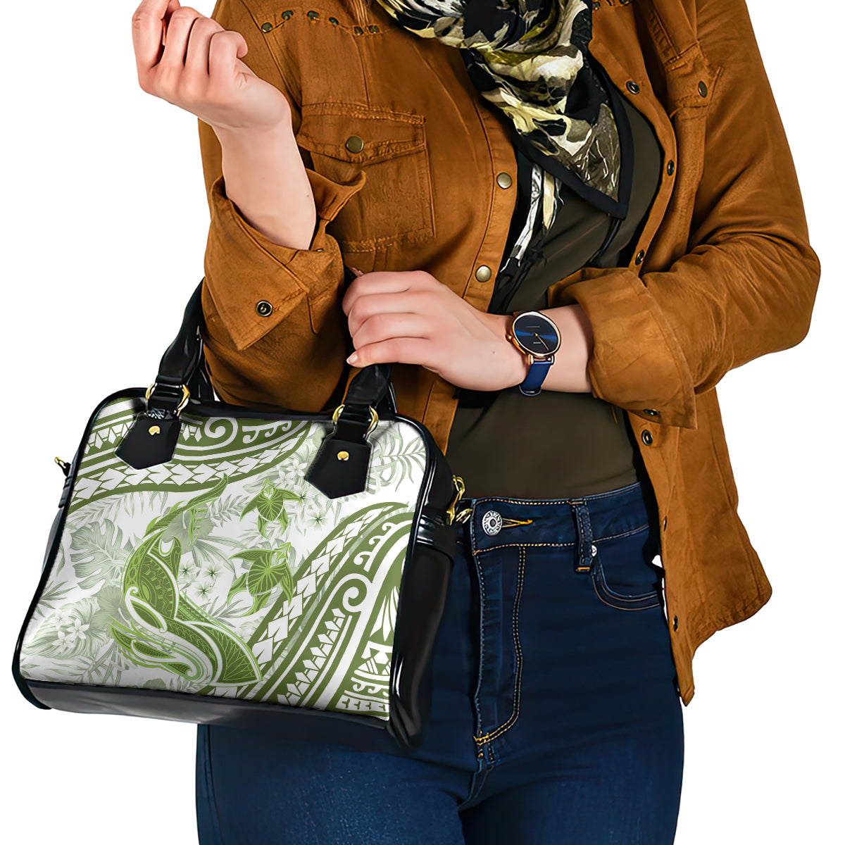 Lime Green Polynesia Shoulder Handbag Polynesian Turtle Shark Tattoo Tropical Vintage
