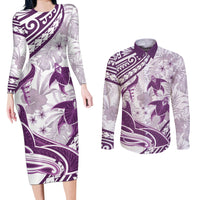 Purple Polynesia Couples Matching Long Sleeve Bodycon Dress and Long Sleeve Button Shirt Polynesian Turtle Shark Tattoo Tropical Vintage LT14 Purple - Polynesian Pride