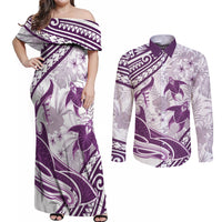 Purple Polynesia Couples Matching Off Shoulder Maxi Dress and Long Sleeve Button Shirt Polynesian Turtle Shark Tattoo Tropical Vintage LT14 Purple - Polynesian Pride