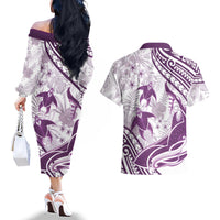 Purple Polynesia Couples Matching Off The Shoulder Long Sleeve Dress and Hawaiian Shirt Polynesian Turtle Shark Tattoo Tropical Vintage LT14 - Polynesian Pride
