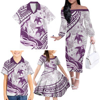 Purple Polynesia Family Matching Off Shoulder Long Sleeve Dress and Hawaiian Shirt Polynesian Turtle Shark Tattoo Tropical Vintage LT14 - Polynesian Pride