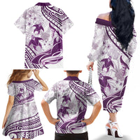 Purple Polynesia Family Matching Off Shoulder Long Sleeve Dress and Hawaiian Shirt Polynesian Turtle Shark Tattoo Tropical Vintage LT14 - Polynesian Pride