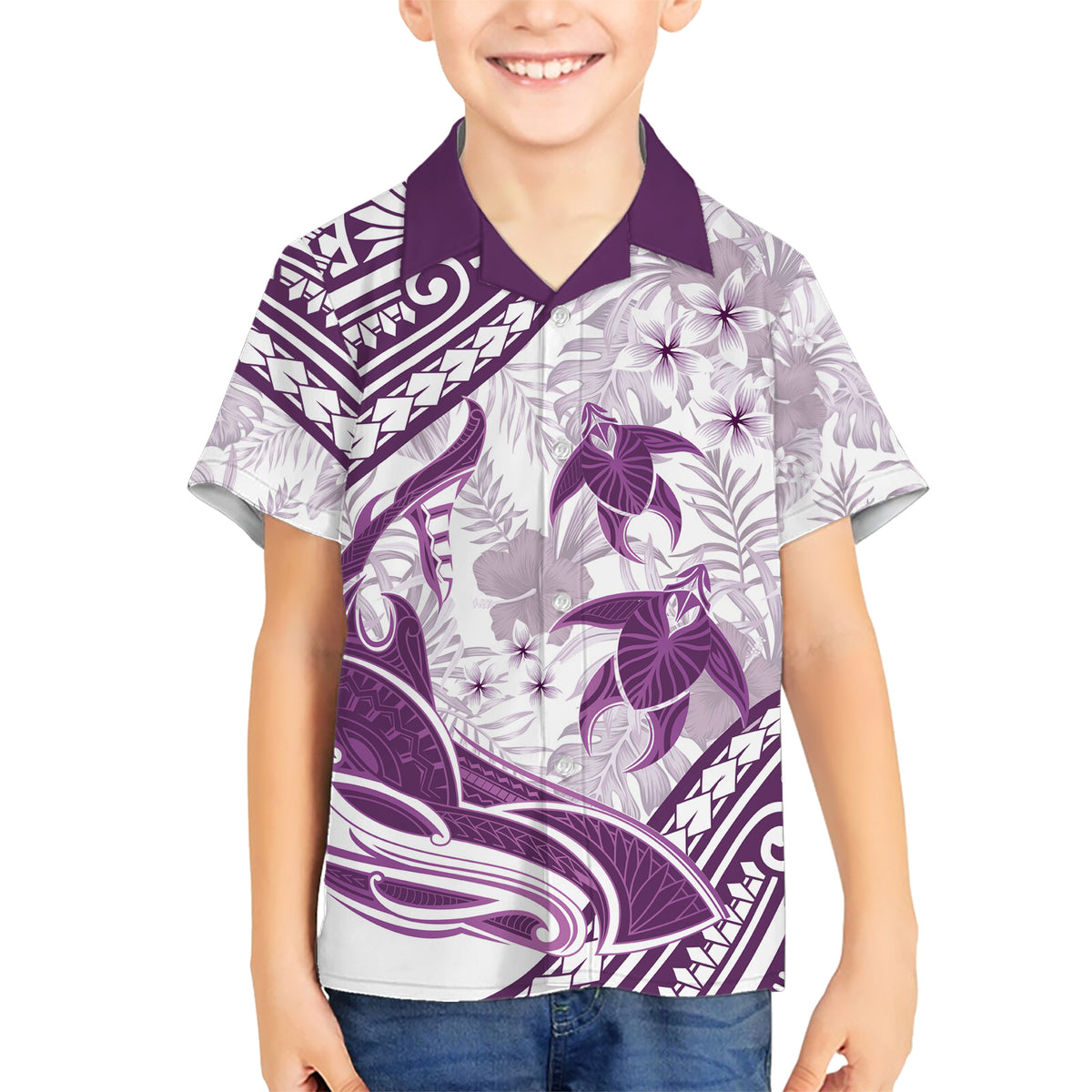 Purple Polynesia Family Matching Short Sleeve Bodycon Dress and Hawaiian Shirt Polynesian Turtle Shark Tattoo Tropical Vintage LT14 Son's Shirt Purple - Polynesian Pride