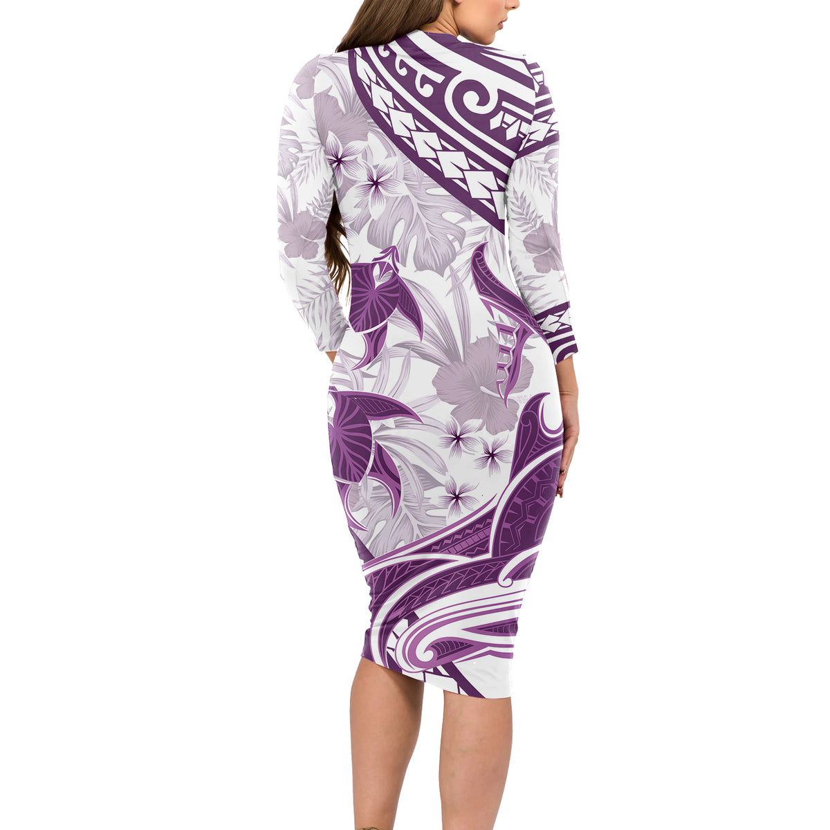 Purple Polynesia Long Sleeve Bodycon Dress Polynesian Turtle Shark Tattoo Tropical Vintage LT14 - Polynesian Pride