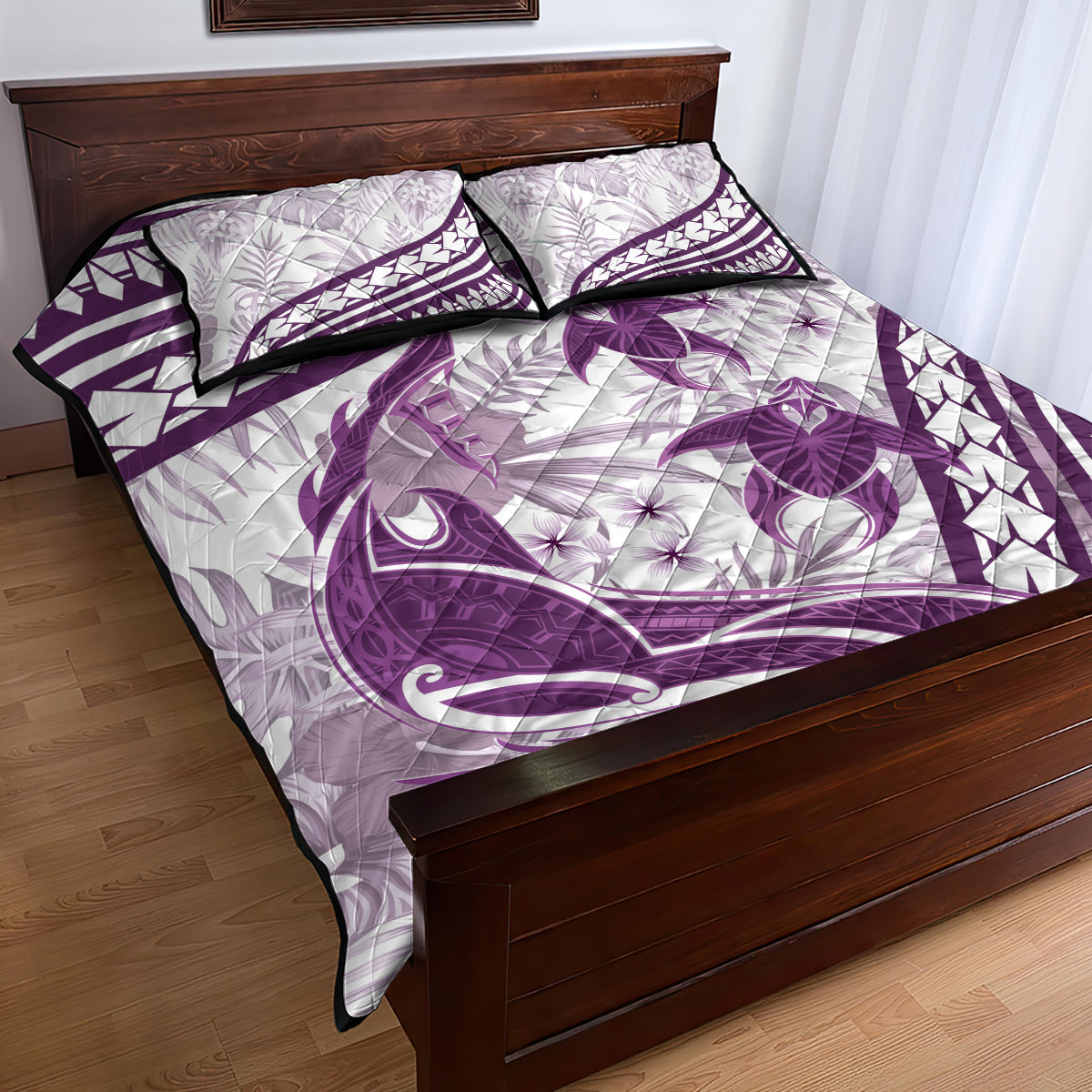 Purple Polynesia Quilt Bed Set Polynesian Turtle Shark Tattoo Tropical Vintage