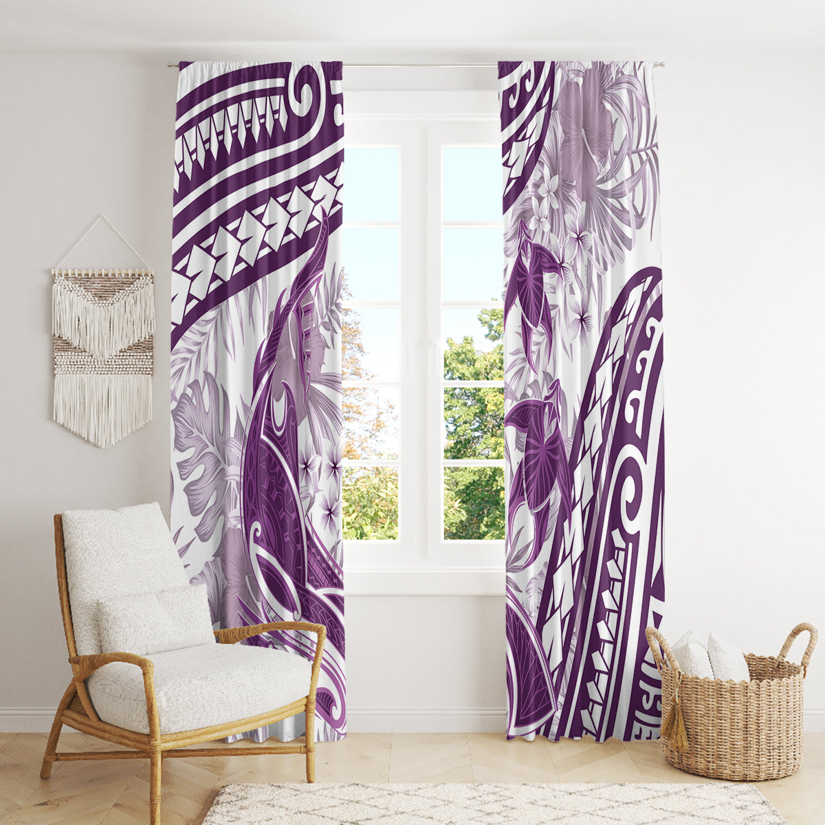 Purple Polynesia Window Curtain Polynesian Turtle Shark Tattoo Tropical Vintage
