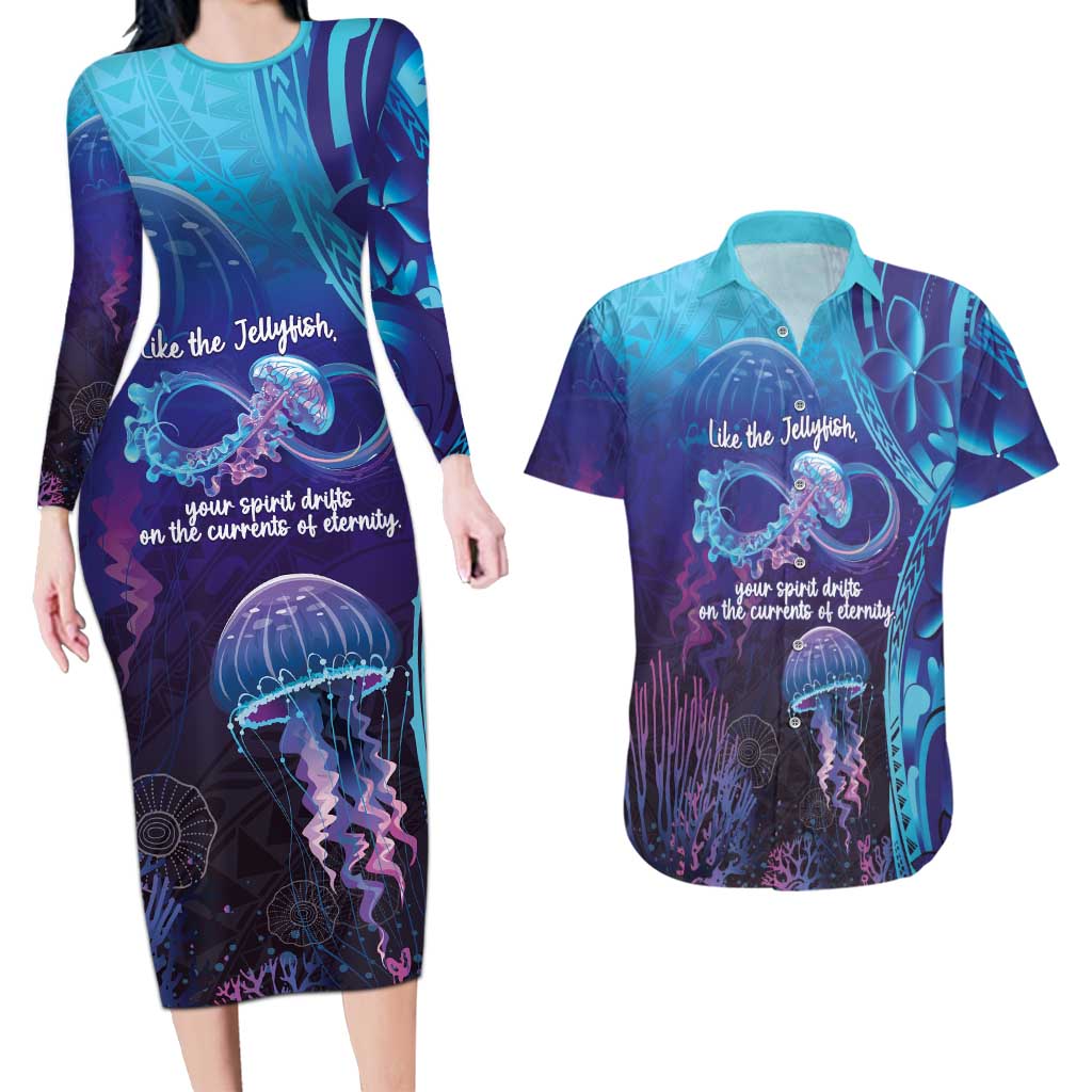 Polynesia Jellyfish Memorial Personalised Couples Matching Long Sleeve Bodycon Dress and Hawaiian Shirt Infinity Jellies Polynesian Pattern