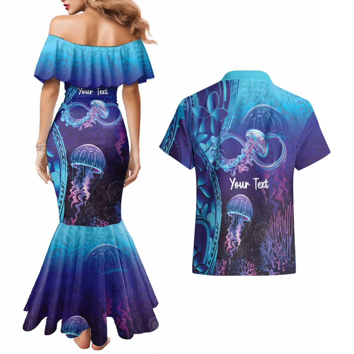 Polynesia Jellyfish Memorial Personalised Couples Matching Mermaid Dress and Hawaiian Shirt Infinity Jellies Polynesian Pattern LT14 - Polynesian Pride
