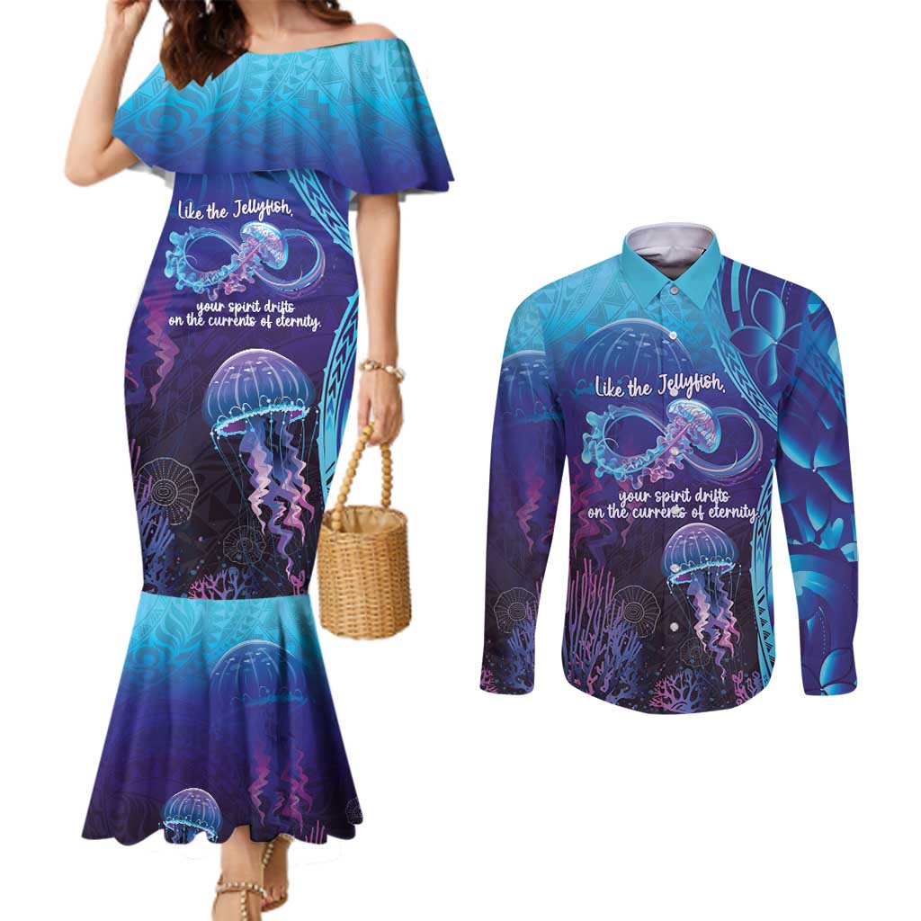 Polynesia Jellyfish Memorial Personalised Couples Matching Mermaid Dress and Long Sleeve Button Shirt Infinity Jellies Polynesian Pattern