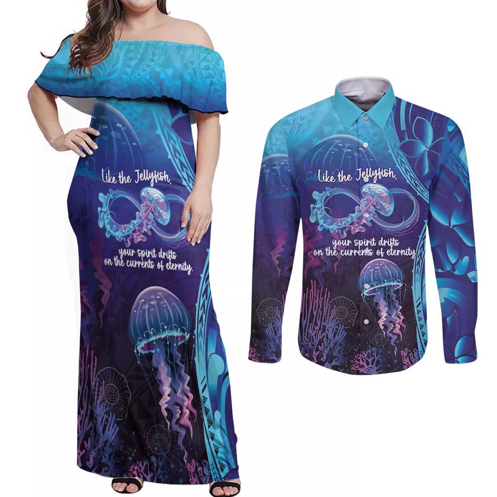 Polynesia Jellyfish Memorial Personalised Couples Matching Off Shoulder Maxi Dress and Long Sleeve Button Shirt Infinity Jellies Polynesian Pattern