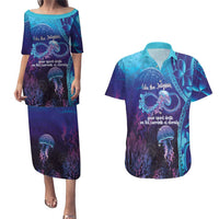 Polynesia Jellyfish Memorial Personalised Couples Matching Puletasi and Hawaiian Shirt Infinity Jellies Polynesian Pattern