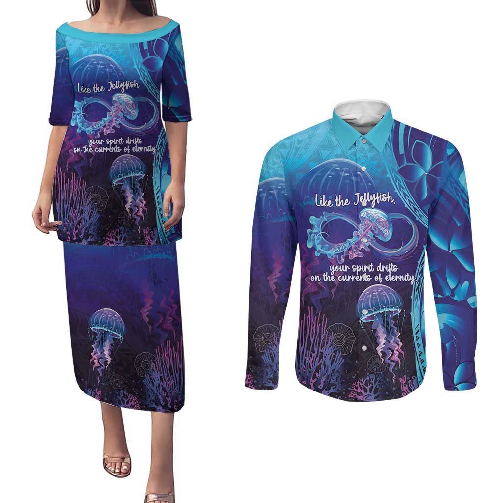 Polynesia Jellyfish Memorial Personalised Couples Matching Puletasi and Long Sleeve Button Shirt Infinity Jellies Polynesian Pattern